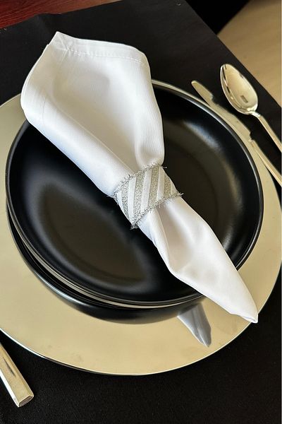 FANTASTIC Set of 6 Handmade Woven Napkins - White-Silver Glitter Fringed, 6 Pcs Napkin Rings