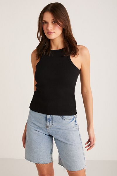 ETHIQUET Tricou negru de bază pentru femei Alfıe, din bumbac, cu aspect cu nervuri