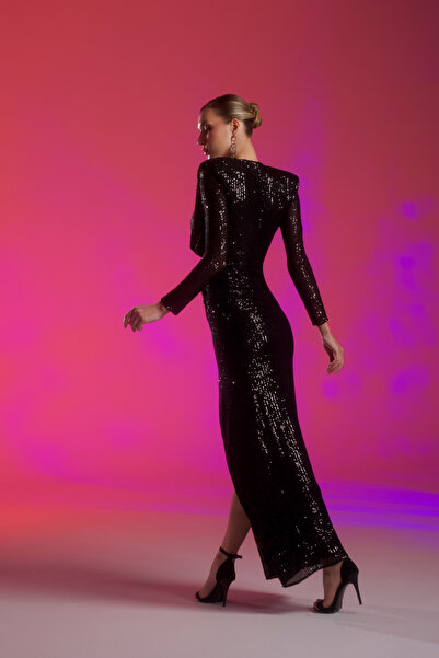 Gira Black Sequined Drape Detail Long Dress