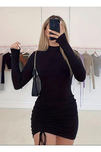 MEGOMEL Rochie neagră cu mânecă lungă, cu guler ridicat, din lycra