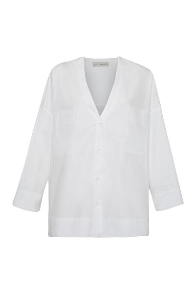 Beauty Omelette Beyaz V Yaka Oversize Koton Gömlek