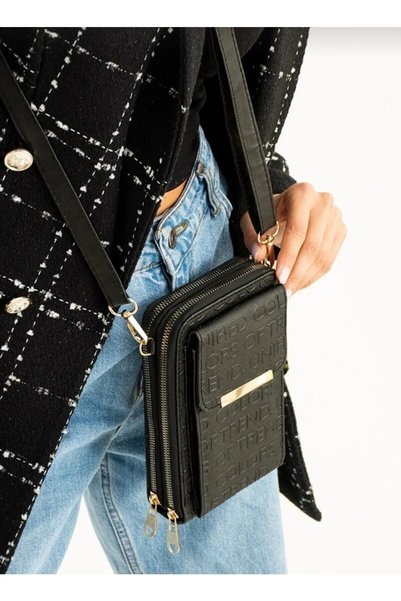 Sena Women's Black Print Patterned Phone 3 Compartment Diagonal Adjustable Wallet Bag