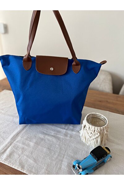 Butik Deri Saplı Katlanabilir Mavi Kadın Omuz Çantası