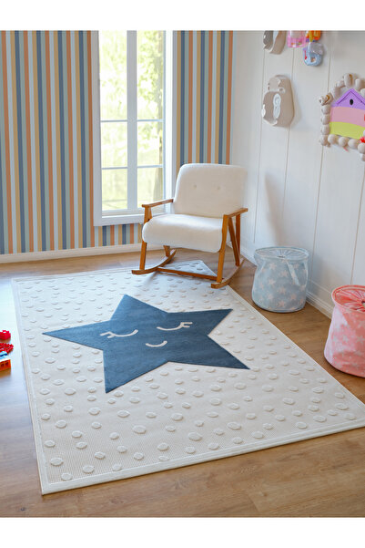 ESSENSE Halı Yumuşak  Pamuk Dokulu Mavi Yıldızlı  Peluş  Çocuk Odası Bebek Halısı