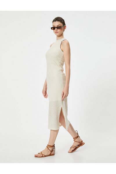 Koton Crew Neck Slit Midi Openwork Sleeveless Dress