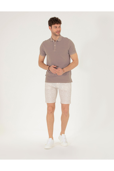 Pierre Cardin Bej Slim Fit Beli Lastikli Desenli Bermuda Şort 50264882-VR011