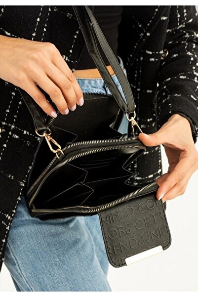 Sena Kadın Siyah Baskı Desenli Telefon 3 Bölmeli Çapraz Ayarlanabilir Cüzdan ...