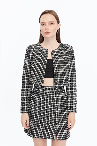 Maison La Femme Set de fuste mini jachetă din tweed în carouri