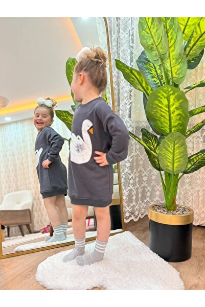 GÖKJOY BUTİK Premi?um Kali?te Pamuklu Kumaş Kuğu Baskili Kiz Çocuk Sweat  Tuni?k Elbi?se