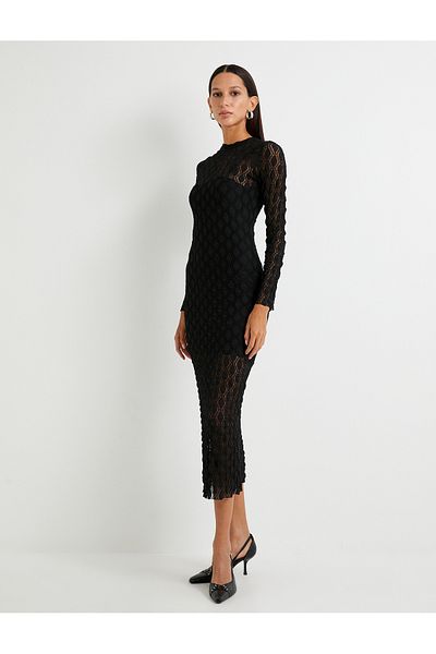 Koton Midikleid Langarm Rundhals Transparent Strukturiert