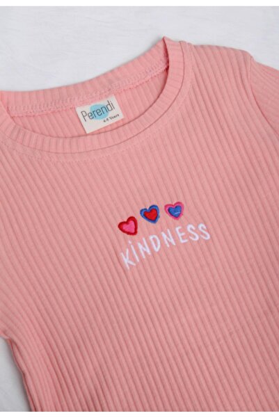 Perendi 100% Cotton for Girl - Kindness and Heart Embroidery Sweatshirt, Salmon