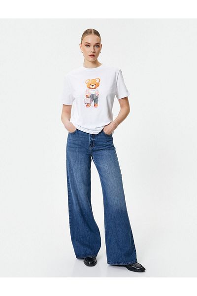 Koton T-Shirt mit Teddybär-Aufdruck, Rundhalsausschnitt, kurze Ärmel, Baumwolle