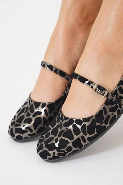 Moda Pie Balerina de damă Weffe cu eșarfă cu model leopard, negru platină