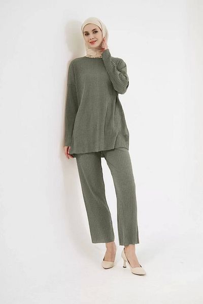 kalimbus Long Sleeve Organic Washed Fabric Corduroy Trousers Set - Green