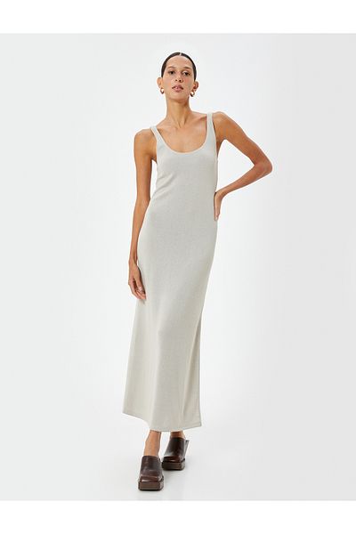 Koton Viscose με υφή U-Neck - Μακρύ μολύβι φόρεμα με χοντρές τιράντες
