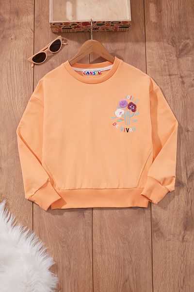 Cansın Mini Crew Neck Orange Flower Embroidered Girl's Sweatshirt - 19653