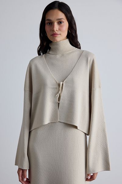 Manuka Cardigan de tricotaj cu șireturi de culoare bej