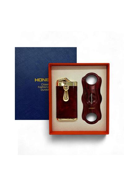Honest 2 Jet Alev Puro Çakmağı ve V Puro Kesici Seti Kırmızı