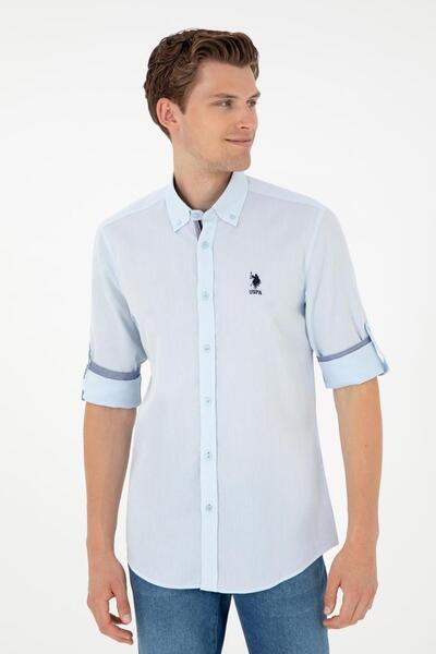 U.S. Polo Assn. قميص رجالي أزرق فاتح بأكمام طويلة 100% قطن