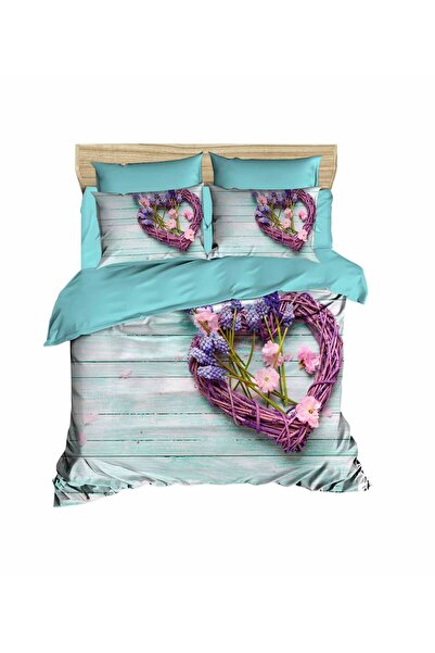 Fabeteks Heart Shaped and Floral Pattern 3D Double Duvet Cover Pillow Set