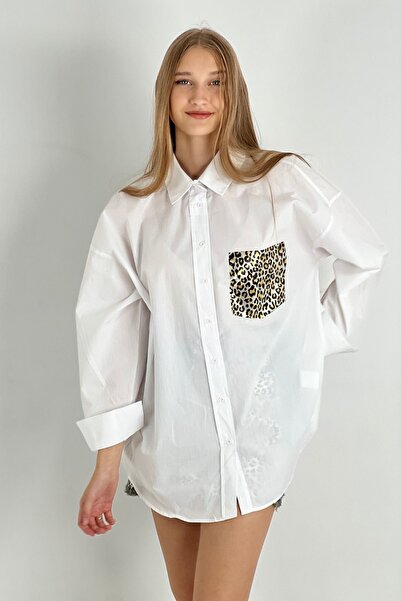 Miss Poem Γυναικείο μακρύ πουκάμισο λεοπάρ με λεπτομέρεια τσέπης oversized λευκό