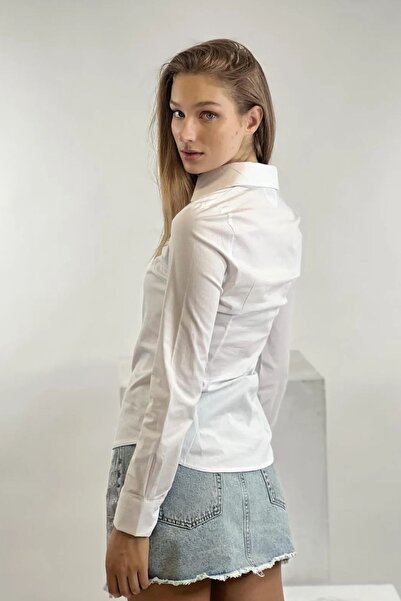 Miss Poem Жіноча сорочка з поло-комірцем, облягаючого крою, з довгими рукавами, базова, біла