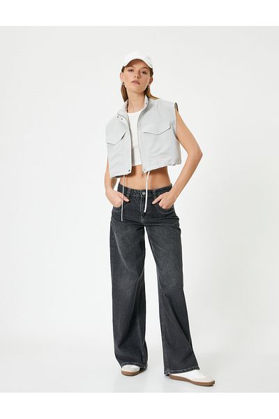 Koton Crop Vest Zippered Stand Collar with Flap Pockets
