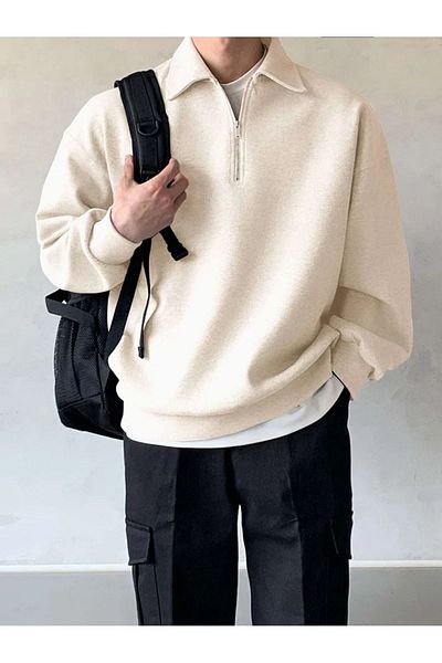 MAXIMILLIAN Men's Polo Collar Ecru Sweatshirt - Half Zipper