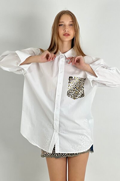 Miss Poem Γυναικείο μακρύ πουκάμισο λεοπάρ με λεπτομέρεια τσέπης oversized λευκό