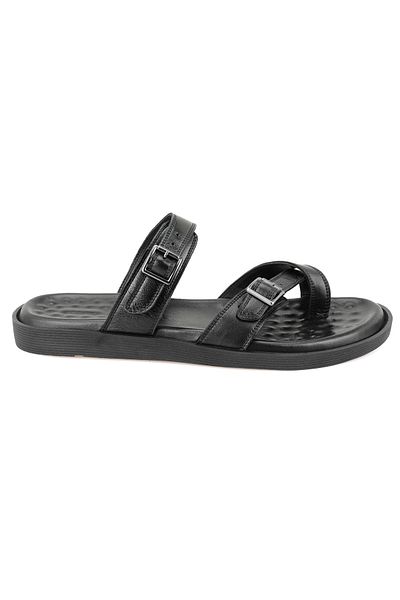 Desa Essence Black Men's Adjustable Buckle Leather Slippers