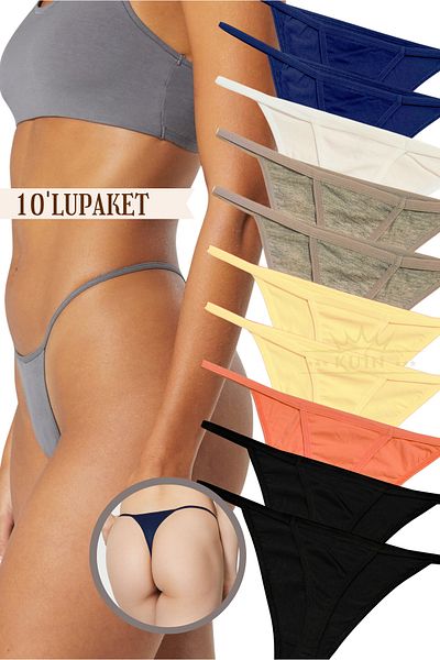 KUIN Pack of 10 Rope Strap Cotton, Lycra Combed String Thong Black Panties