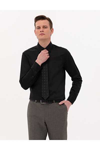 Pierre Cardin Siyah Parlak Saten Slim Fit Uzun Kollu Basic Gömlek 50268201-VR046