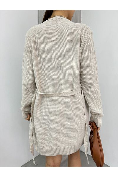 Modamorfo Solid Brass Knitted Sweater Cardigan - Lace-Up and Stone Color