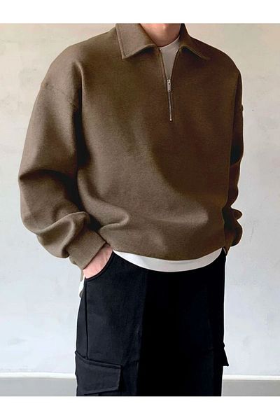MAXIMILLIAN Men's Polo Neck Half Zipper Sweatshirt Brown
