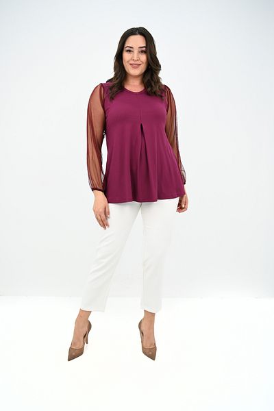 Koza Butik Women's Plus Size Pleated V Neck Tulle Detail Blouse 1857-25