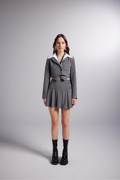 HOLLY LOLLY Removable Shirt Collar Detailed Striped Crop Kira Blazer Jacket Gray