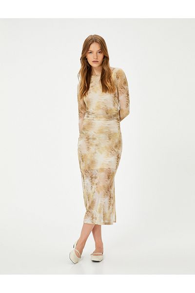 Koton Long Sleeve Midi Draped Crew Neck Dress