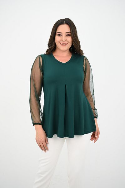 Koza Butik Women's Plus Size Pleated V Neck Tulle Detail Blouse 1857-25