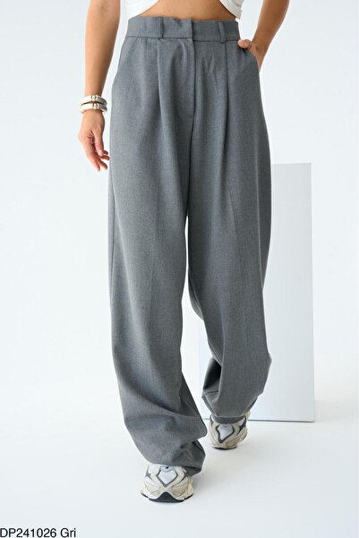 CADDELAMODA Dámské šedé kalhoty Palazzo s vysokým pasem