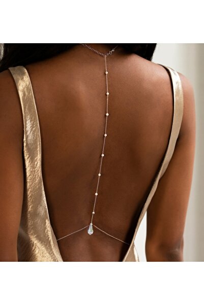 TakıConcept İnci ve Kristal Damla Detaylı Sırt Aksesuarı Sırt Zinciri Gümüş Renk, Vücut Aksesuarı
