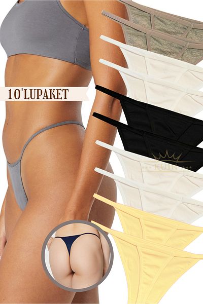 KUIN Pack of 10 Rope Strap Cotton, Lycra Combed String Thong Black Panties