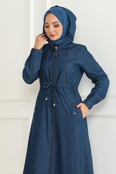 Modamihram Dark Blue Denim Ferace - Lace up Waist 19226