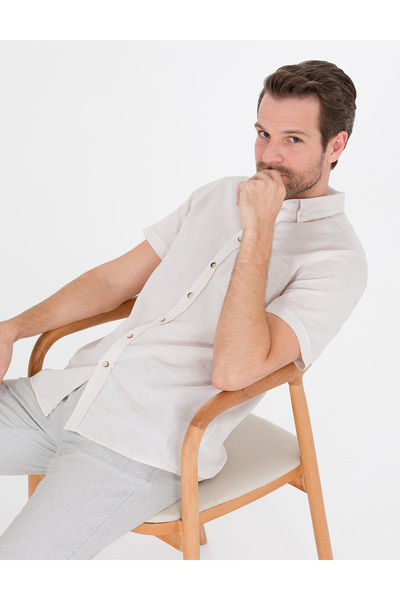 Pierre Cardin Μπεζ κοντομάνικο πουκάμισο κανονικής εφαρμογής 50265118-VR011