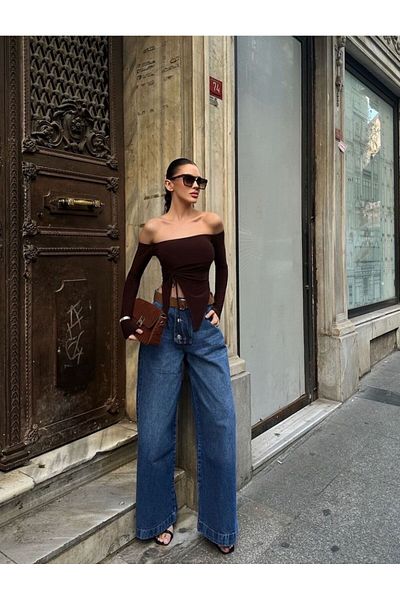 ALLEYTA Γυναικεία ασύμμετρη μπλούζα με μακρυμάνικο λαιμόκοψη με στράπλες