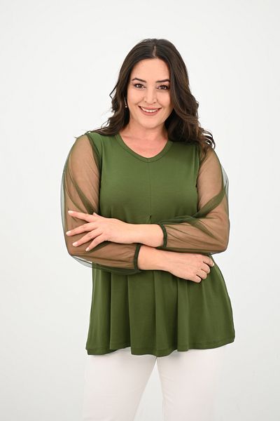 Koza Butik Γυναικεία μπλούζα με πλισέ V λαιμόκοψη με λεπτομέρειες από τούλι 1857-25