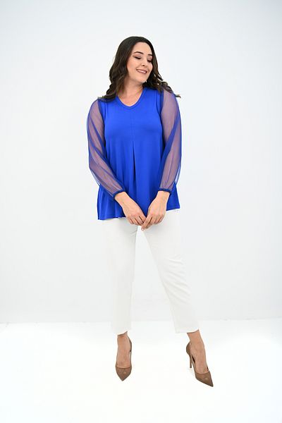 Koza Butik Women's Plus Size Pleated V Neck Tulle Detail Blouse 1857-25