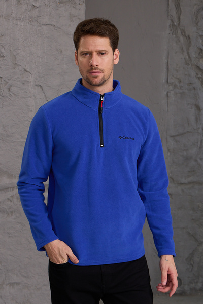 MAXIMILLIAN Ανδρικό χειμωνιάτικο φλις μπουφάν Saks Blue - Χοντρό μισό φερμουάρ, βαμβακερό ύφασμα