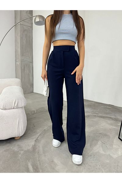 BİKELİFE Marineblaue Damen-Palazzo-Hose mit weitem Bein und Klettverschluss aus Lycra