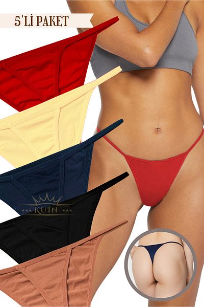 KUIN Pack of 5 Rope Strap Cotton, Lycra Combed String Thong Black Panties