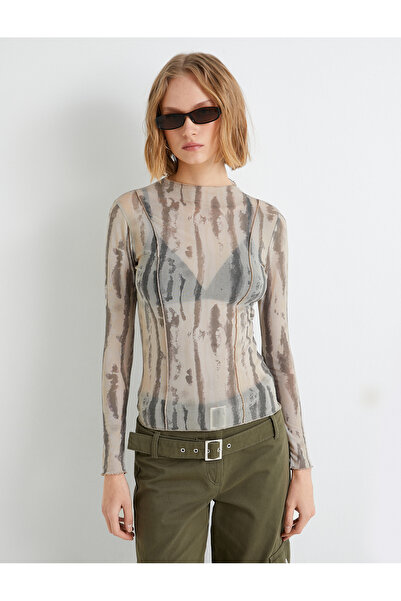 Koton Μπλουζάκι από τούλι Διαφανές Μπλουζάκι με μακρυμάνικο σταντ γιακά με σχέδιο